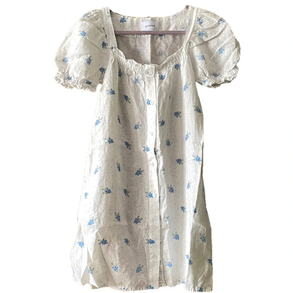 Sleeper Brigitte Linen Mini Dress in Linum Tie Waist Puff Sleeve Blue Floral M